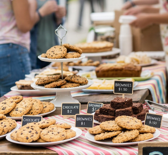 Assorted cookies and brownies on display at a market stall with small signs showing prices