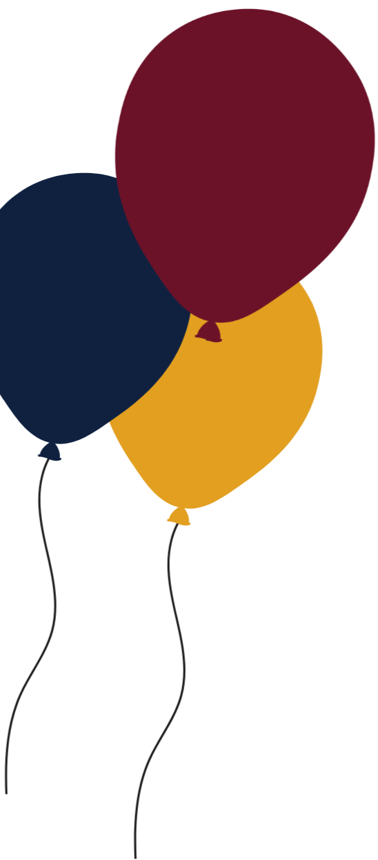 Three balloons in red, navy blue, and yellow colors, floating together.