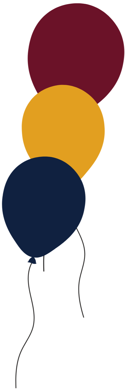 Three balloons in maroon, gold, and navy blue colors, tied with black strings.