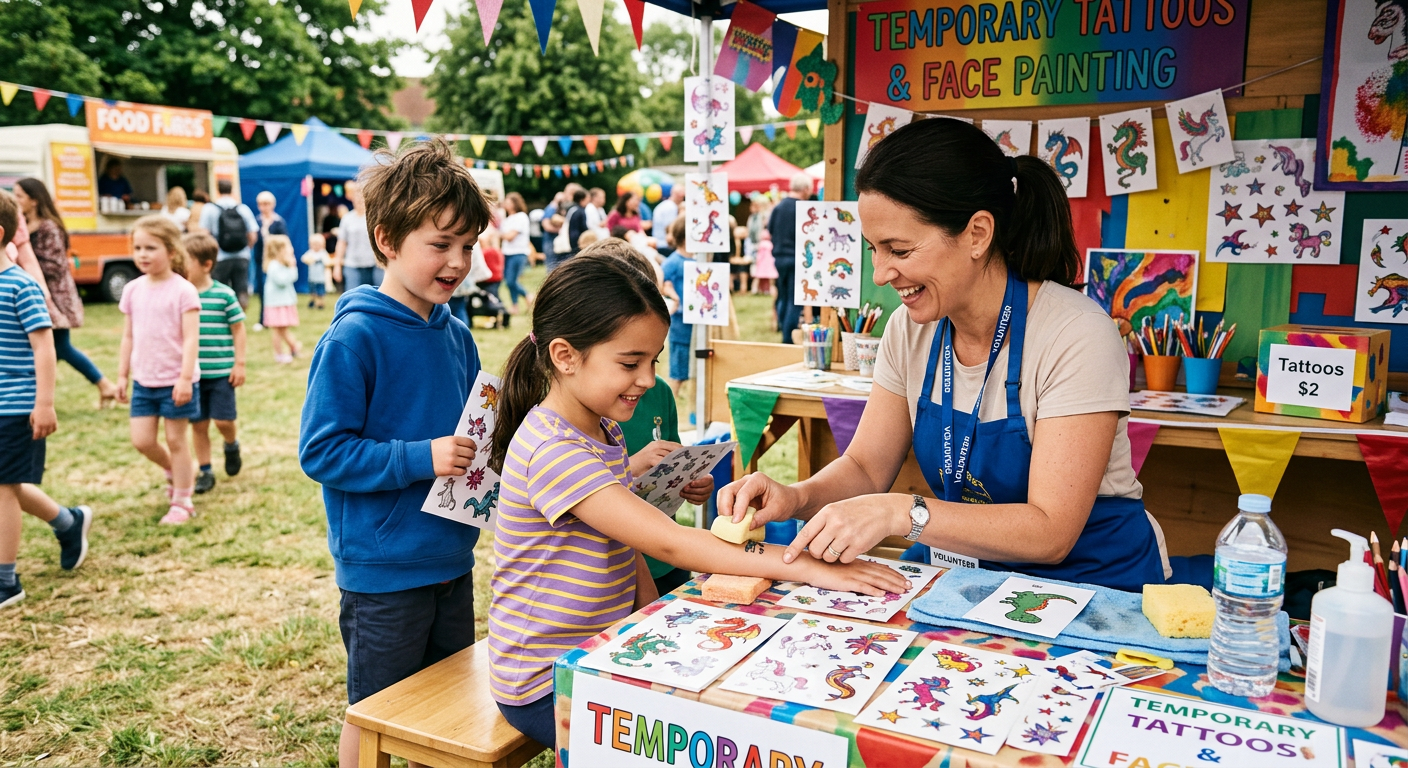 A woman at a colorful outdoor arts and crafts booth helping a young girl with face painting and temporary tattoo activities. Children and families walk around a festival or fair in the background.