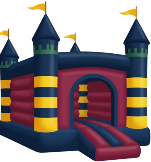 Inflatable bounce house designed like a castle with blue, yellow, and red colors and turrets with yellow flags.