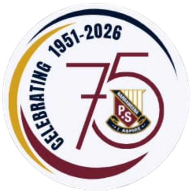 NPS narraweena school  'Celebrating 75 Years' surrounding a central logo with the initials P.S.