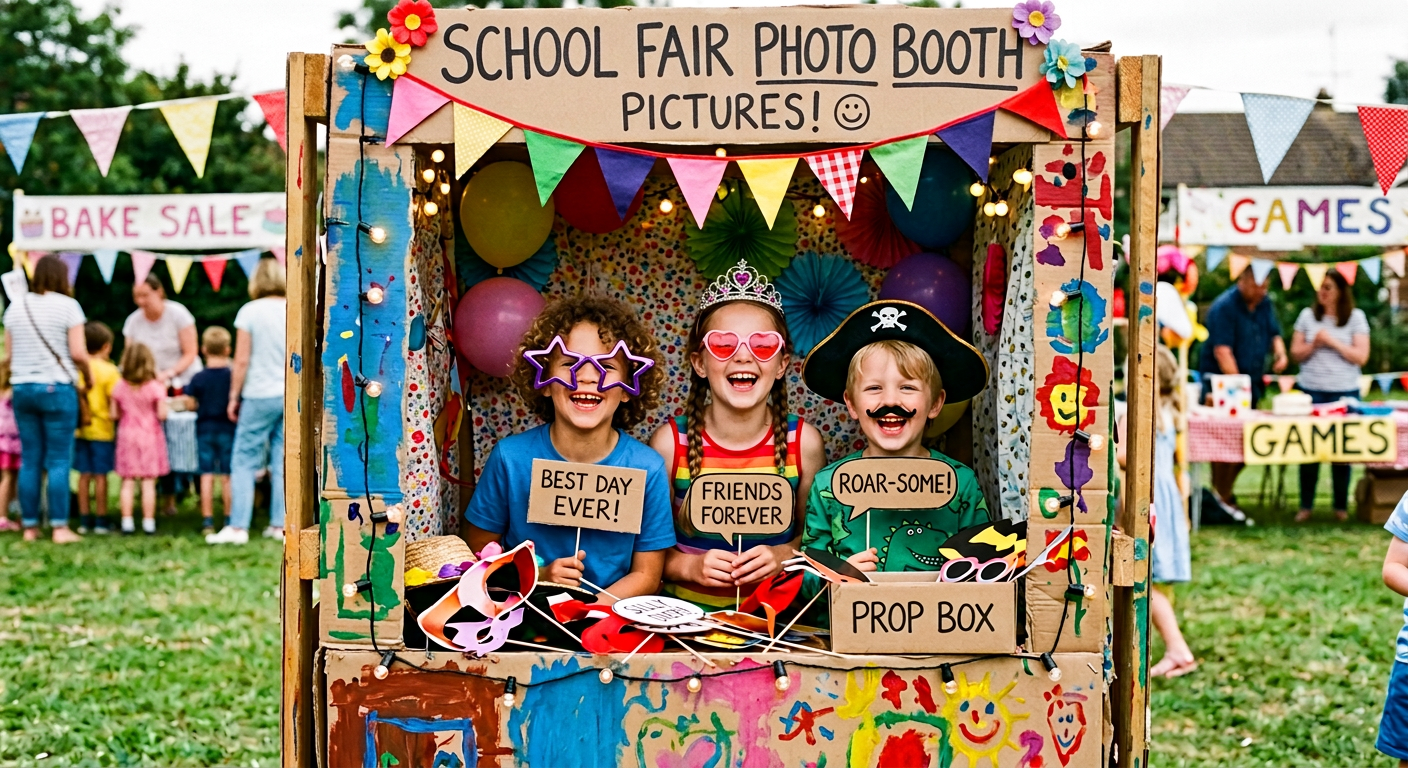 Children dressed in costumes at the school's fair photo booth, with signs saying 'Best day ever!', 'Friends forever', and 'Roar-some!', surrounded by balloons, colorful decorations, and bunting at the narraweena school 75th fete