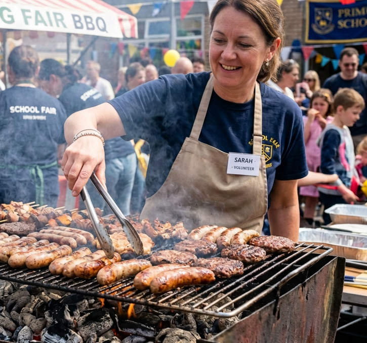 A smiling woman wearing a volunteer apron grilling sausages and burger patties at an outdoor school fair, with children and adults in the background under colorful banners and tents at the NPS 75th fete