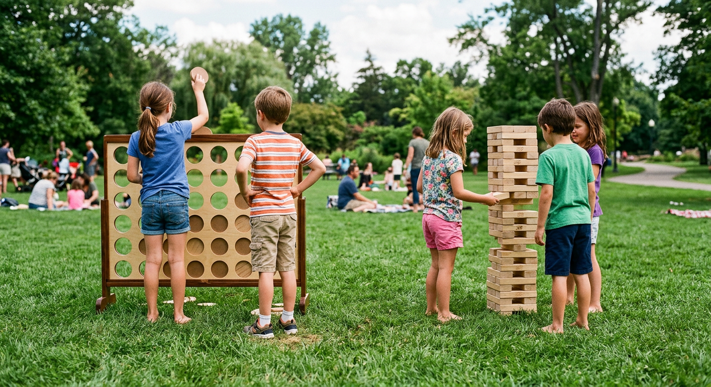 Children playing giant Jenga and connect four game outdoors in a park with people sitting and walking in the background.