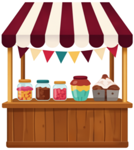 A colorful candy or ice cream stand with jars of various sweets, a striped canopy, and decorative banners.
