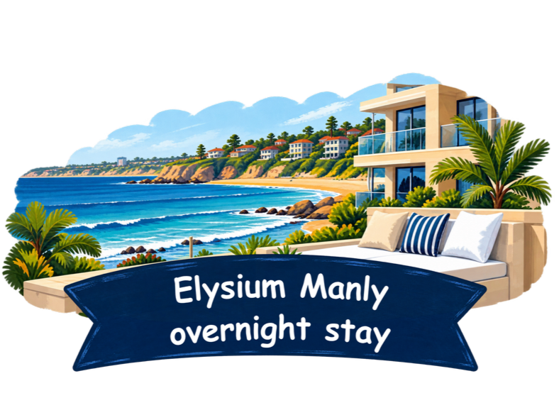 Illustration of a seaside property with a modern house and tropical plants, ocean waves, and a cliffside community in the background, with a banner reading 'Elysium Manly overnight stay.'