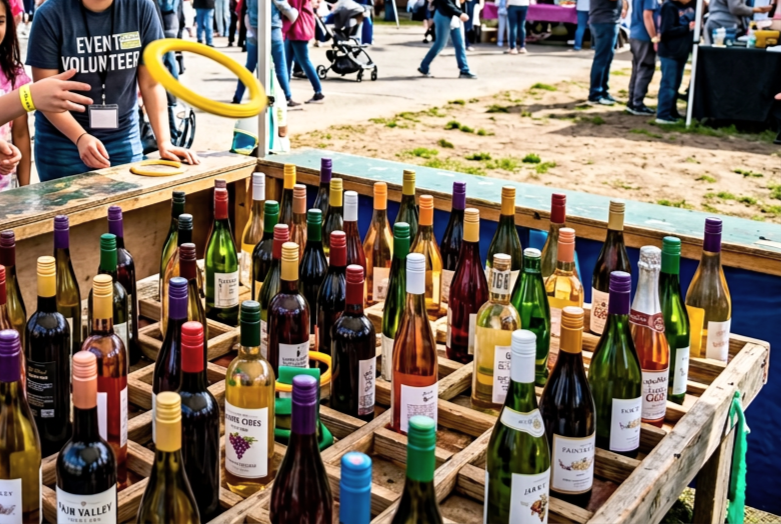 A booth with a display of various bottles of wine at an outdoor event. People are walking around in the background.