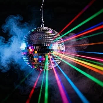 A disco ball reflecting colorful light beams in a dark setting.