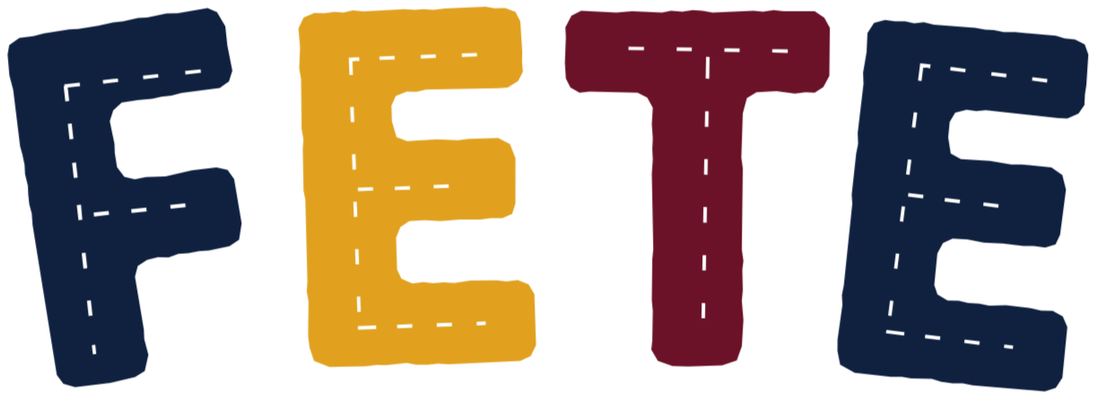 Colorful 3D letters spelling "FEE" with a dashed white line pattern