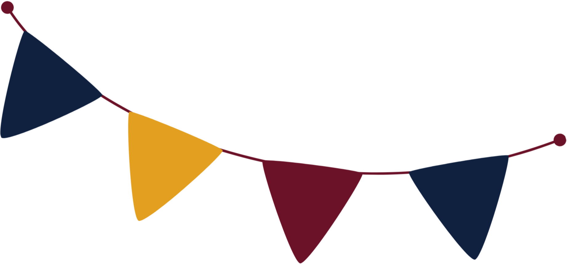 NPS 75th fete bunting colorful pennant banner with triangles in blue, yellow, and red hanging on a string.