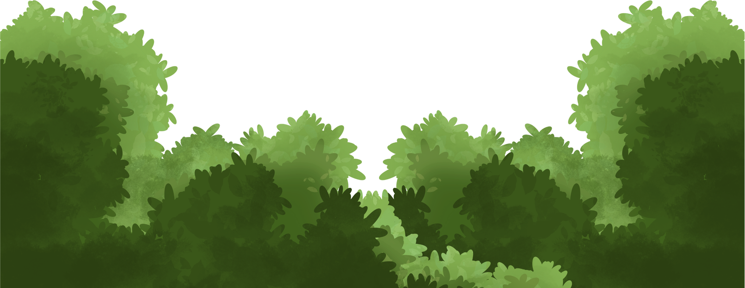 A cartoon-style illustration of a dense green bushy landscape with a cut-out rectangular area for text. The scene shows various shades of green bushes and foliage, with a clear black space in the middle for writing.