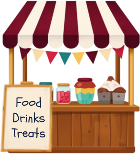 A carnival food stand with a striped red and white canopy, decorated with colorful pennant banners, selling food, drinks, and treats including jars, a cupcake, and brownies.