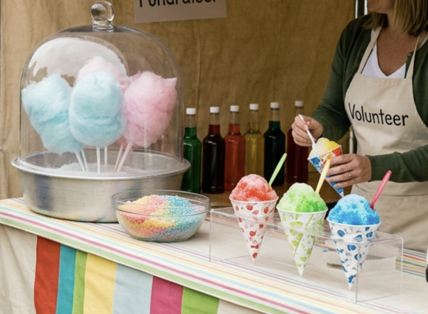 Cotton candy on sticks in a glass dome, multi-colored snow cones in cones with spoons, and bottled syrup in the background at a carnival or fair.