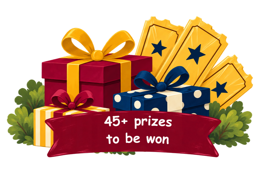 Colorful illustrated gift boxes with ribbons, tickets with star designs, and green foliage, accompanied by a red banner stating "45+ prizes to be won."