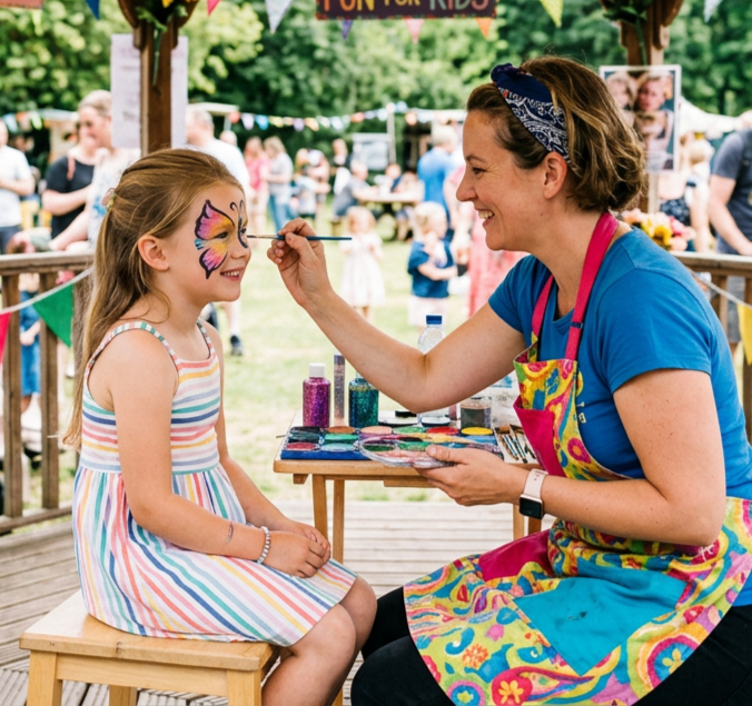 Woman painting a colorful butterfly design on a young girl's face at the narraweena school 75th fete