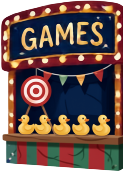 A carnival game booth with a sign that says 'GAMES'. The booth has a red and green striped table with five rubber ducks, a target for a game, and colorful bunting decorations.