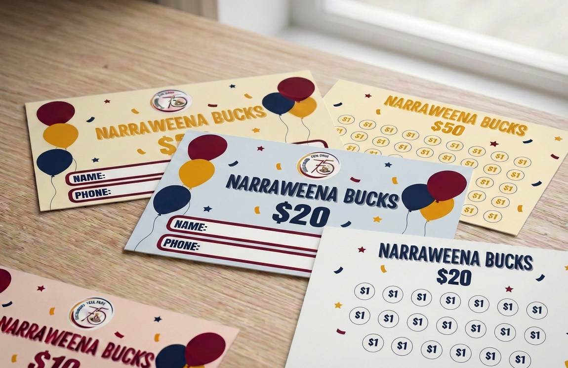 Sheets of raffle tickets for Narraweena Bucks, valued at $20 and $50, with blank spaces for name and phone number, decorated with red, yellow, and blue balloons and confetti on a wooden surface near a window.