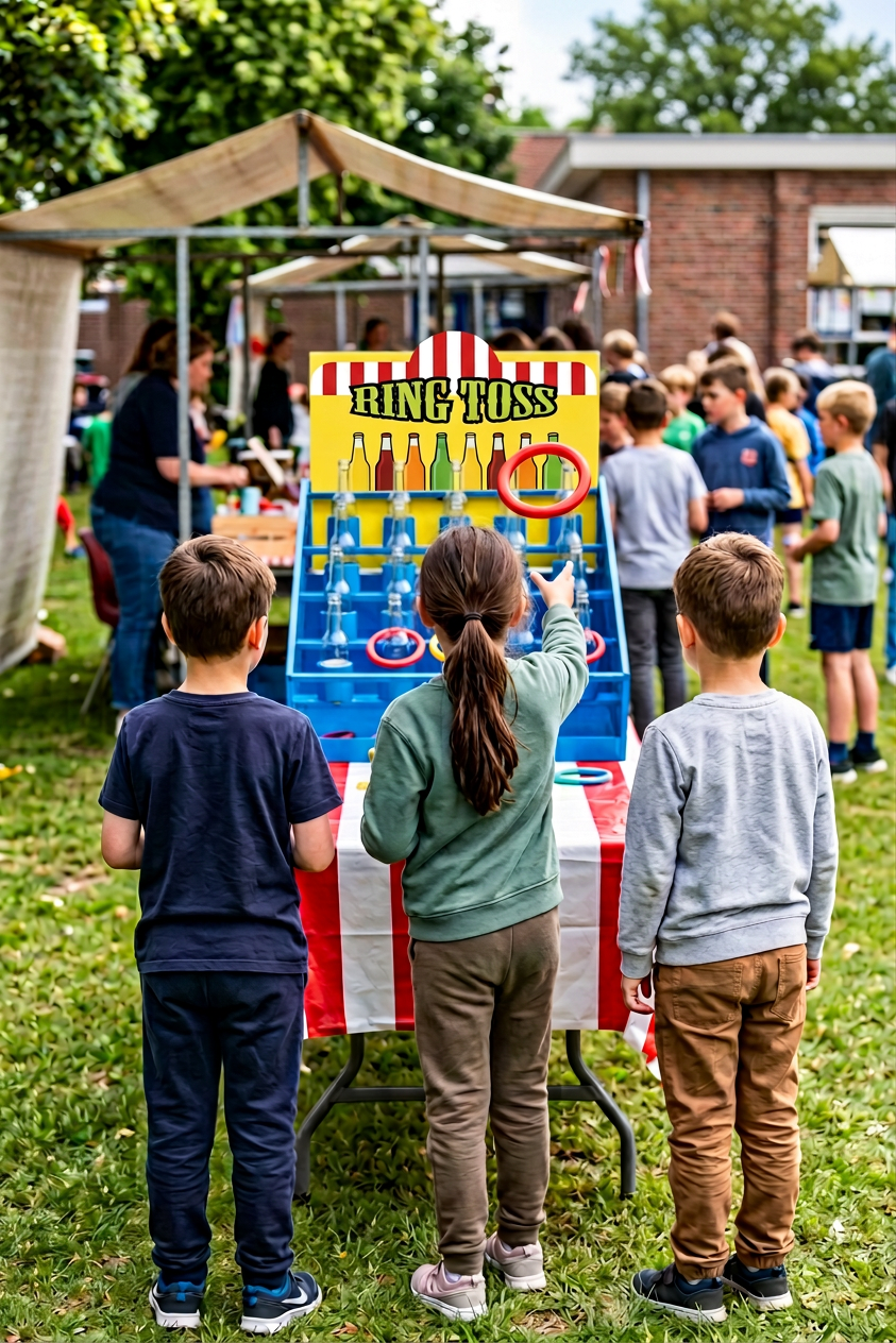 Three children playing ring toss game at an outdoor fair or festival, with a crowd of people in the background.