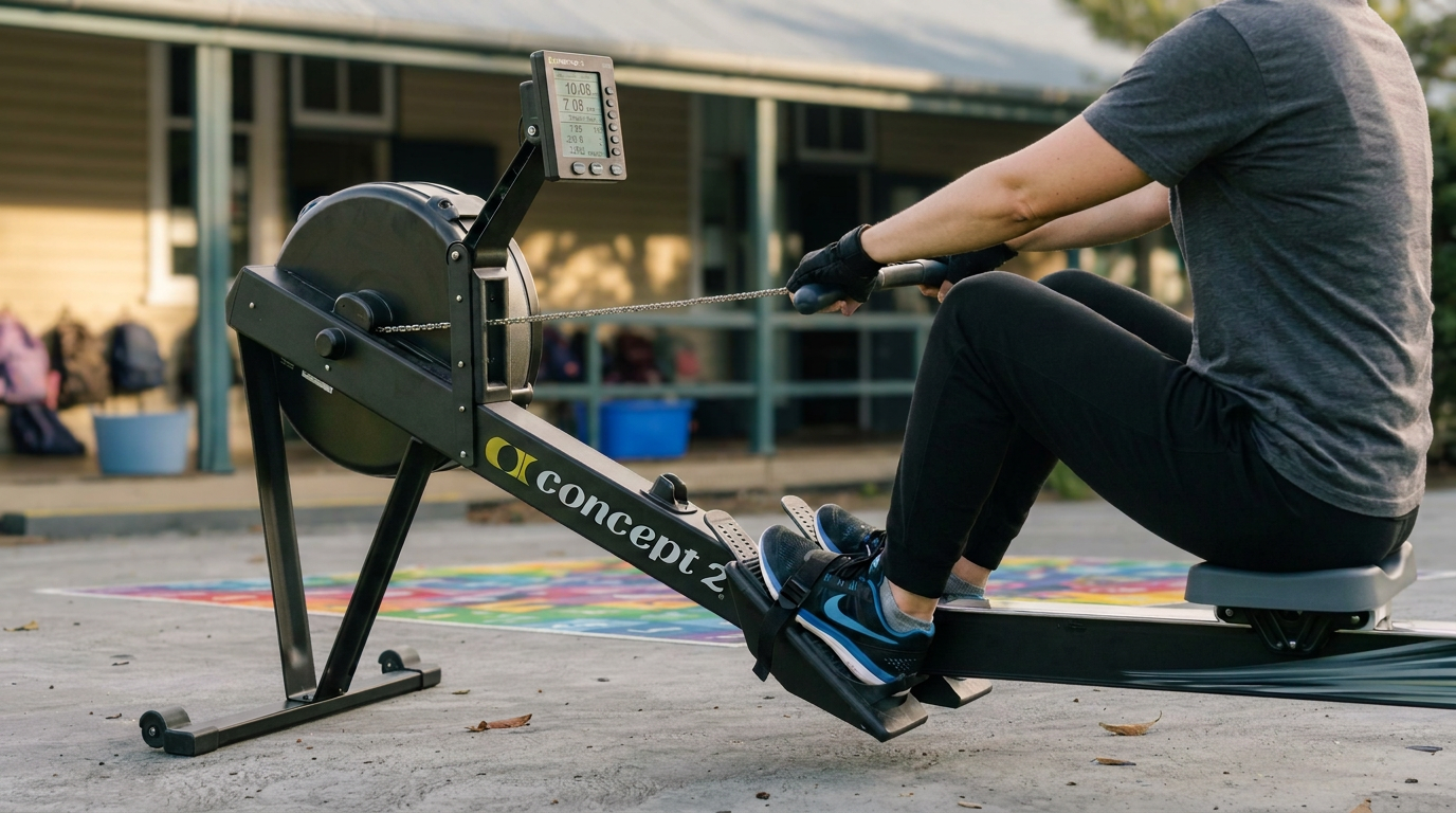 A person rowing an exercise machine outdoors with a house and backpacks in the background.