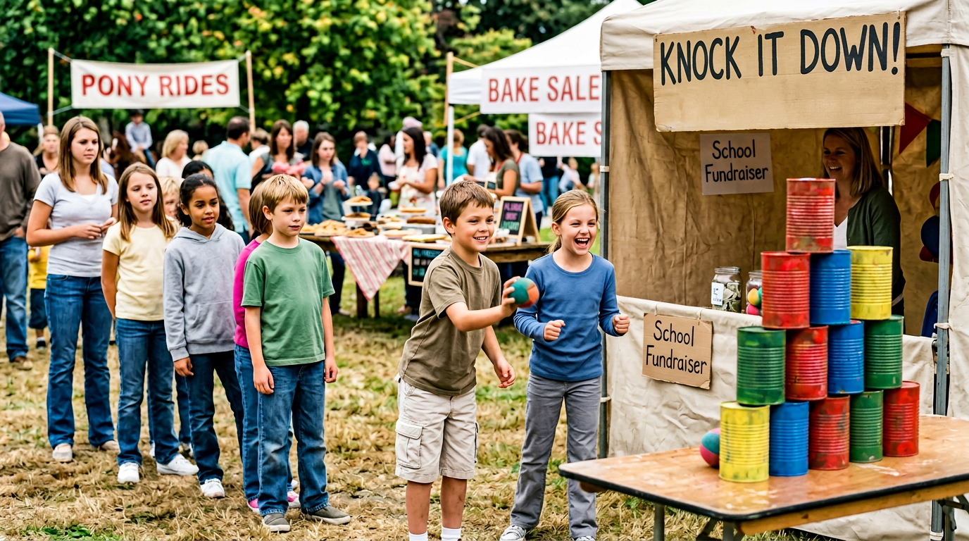 Children playing ring toss game at a school fundraiser in an outdoor park, with booths in the background advertising pony rides and bake sales.