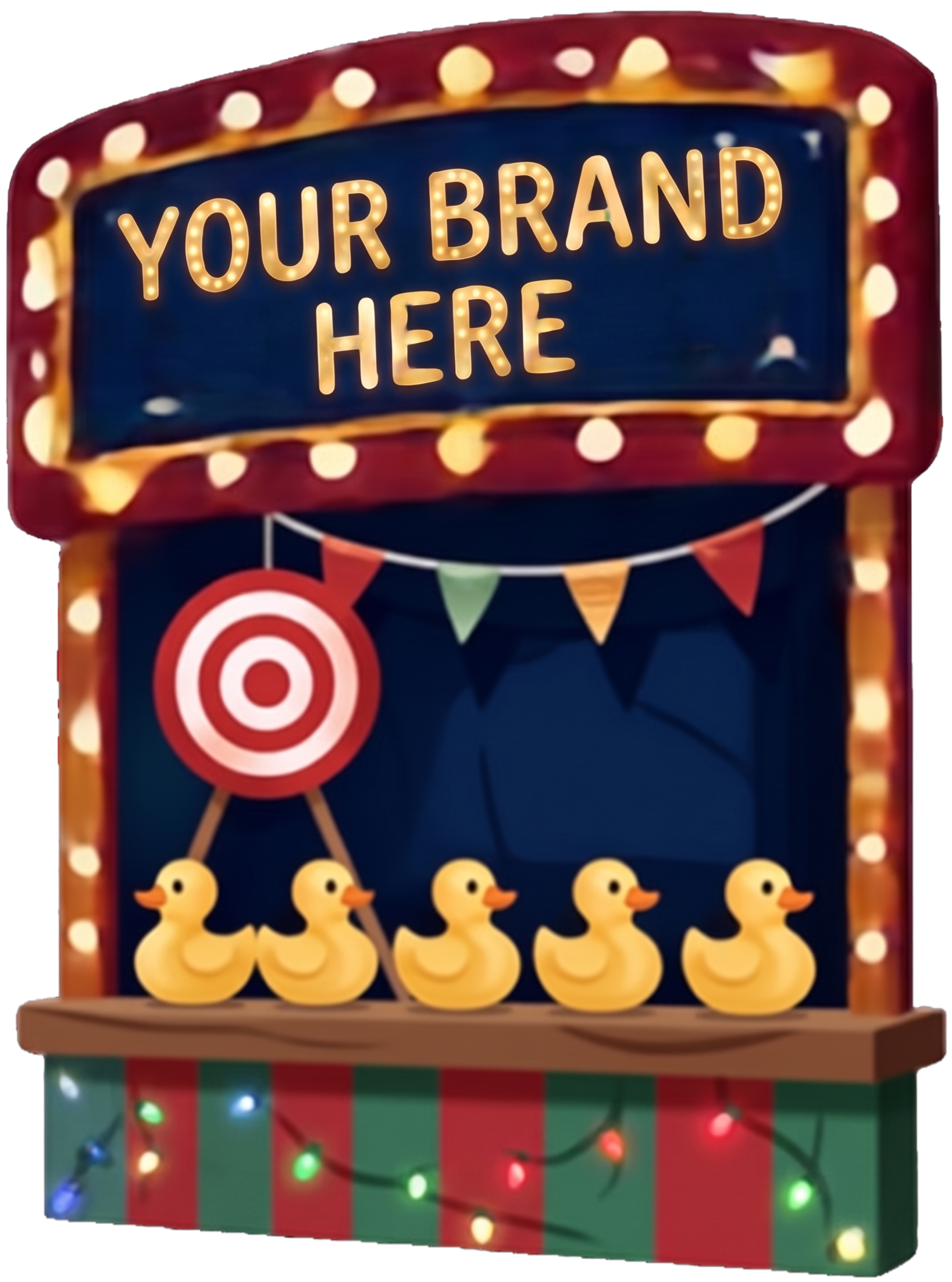 Colorful carnival or circus-themed display with illuminated sign reading 'YOUR BRAND HERE,' rubber ducks, target symbol, and multicolored string lights.