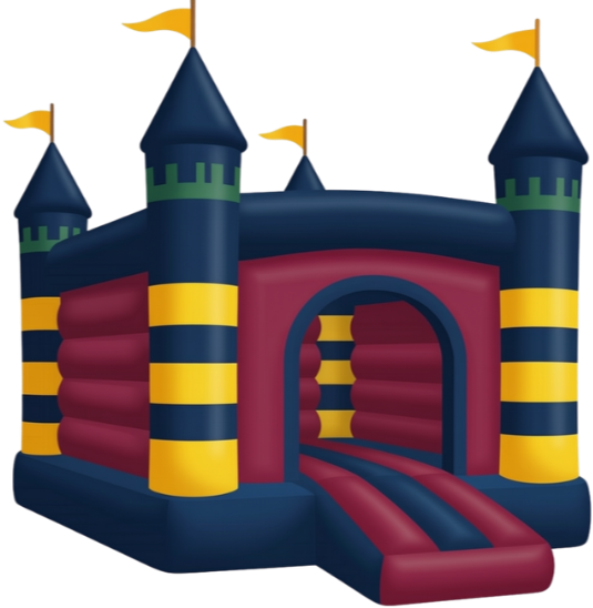 Narraweena Public School 75th anniversary graphic. Colorful inflatable bounce house designed to look like a castle with blue and yellow towers, red walls, and a slide at the front.