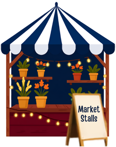 Market stall with potted flowers under a blue and white striped canopy, decorated with string lights, and a sign that reads 'Market Stalls'.