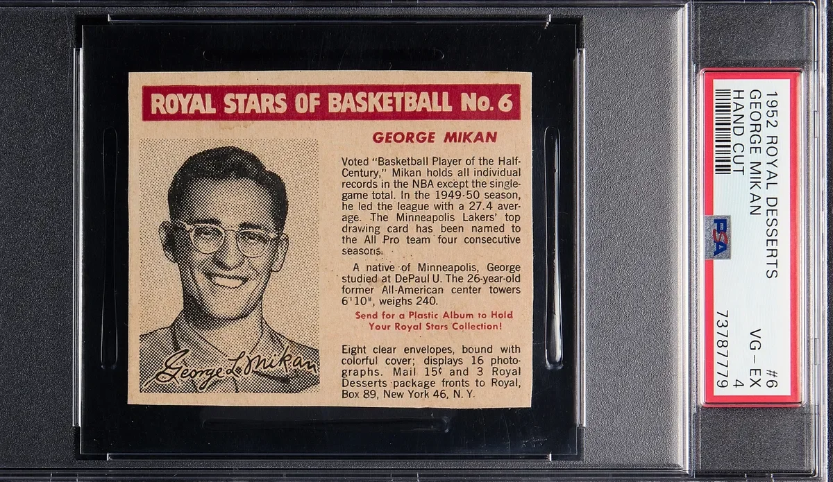 A 1952 PSA graded trading card of George Mikan, a basketball player. The card is part of the Royal Stars of Basketball series and features a black-and-white portrait of Mikan along with a biography. The card is enclosed in a clear plastic case with a PSA label indicating grading details.