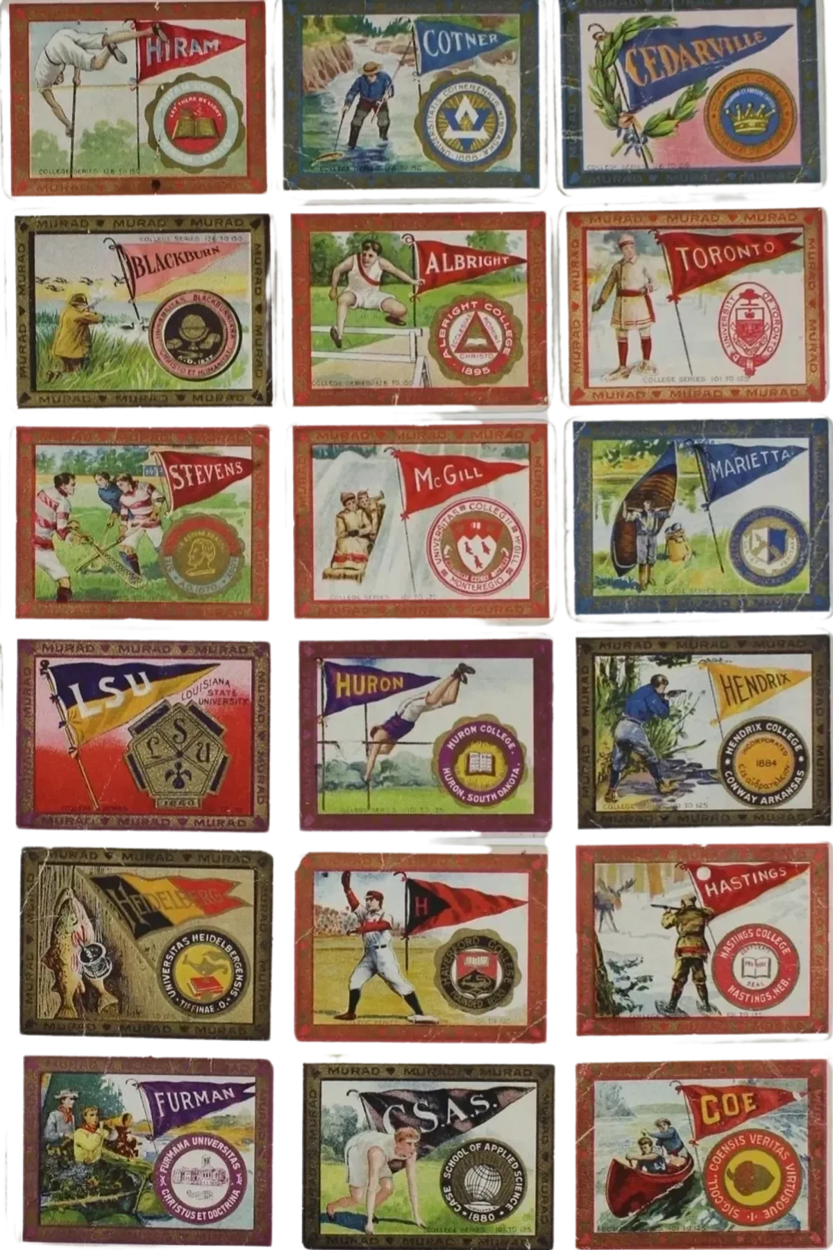 A collection of vintage school memorabilia featuring flags and emblems from various colleges and universities, with illustrations of students in different sports and activities.
