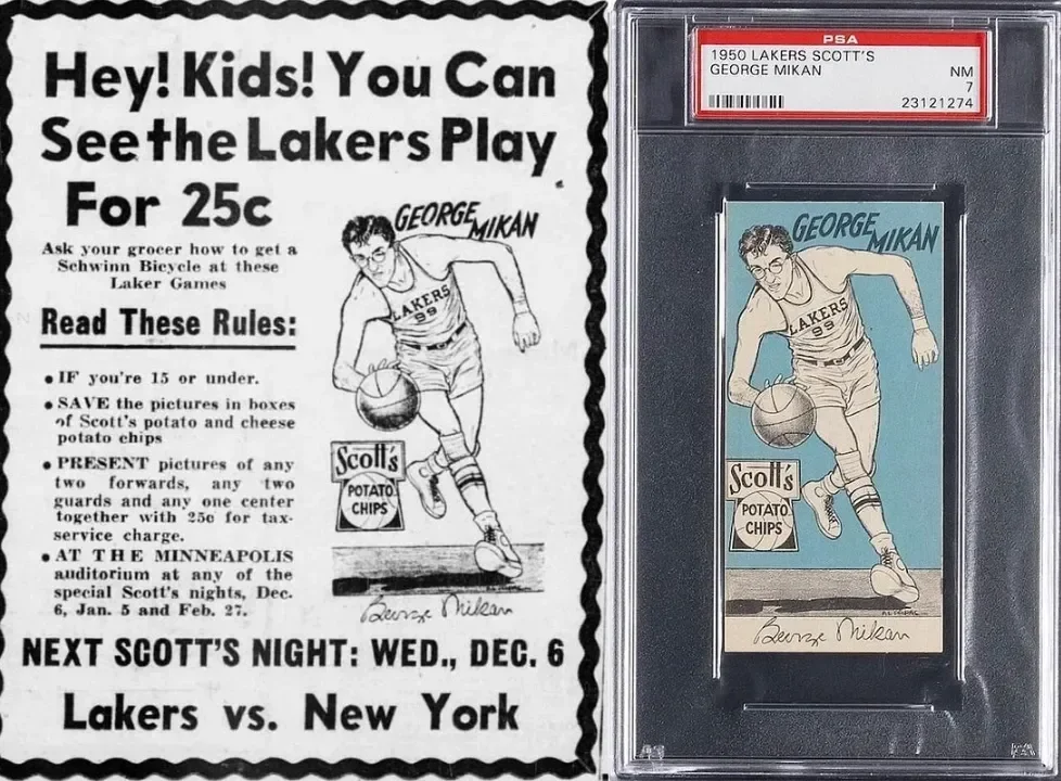 Announcement for a children’s game featuring a drawing of a basketball player named George Mikan in Lakers uniform, with rules about participation and a ticket for a game against New York, signed by George Mikan.