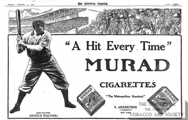 Vintage black-and-white advertisement for Murad cigarettes featuring a baseball player in a batting stance, with a crowd in the background and two packs of Murad cigarettes in the foreground.