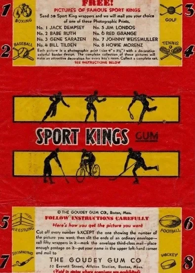 A vintage advertisement for Sport Kings Gum featuring silhouettes of athletes from various sports including boxing, golf, baseball, tennis, football, and hockey, with bright yellow, red, and black colors, and instructions for collecting picture cards.