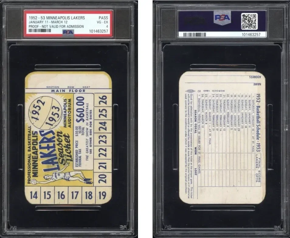 Vintage ticket stub for a 1952-53 Minneapolis Lakers basketball game, with game date, seat, and score details, displayed inside a PSA slab case.