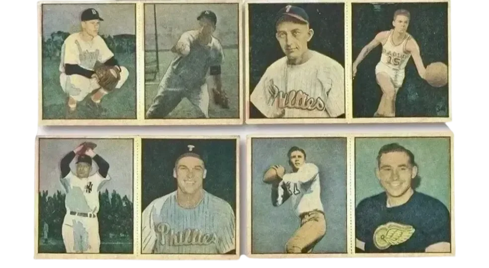 A collection of vintage baseball trading cards featuring young male players from various teams, including the Tigers and Braves, in different poses with some holding baseballs or gloves.