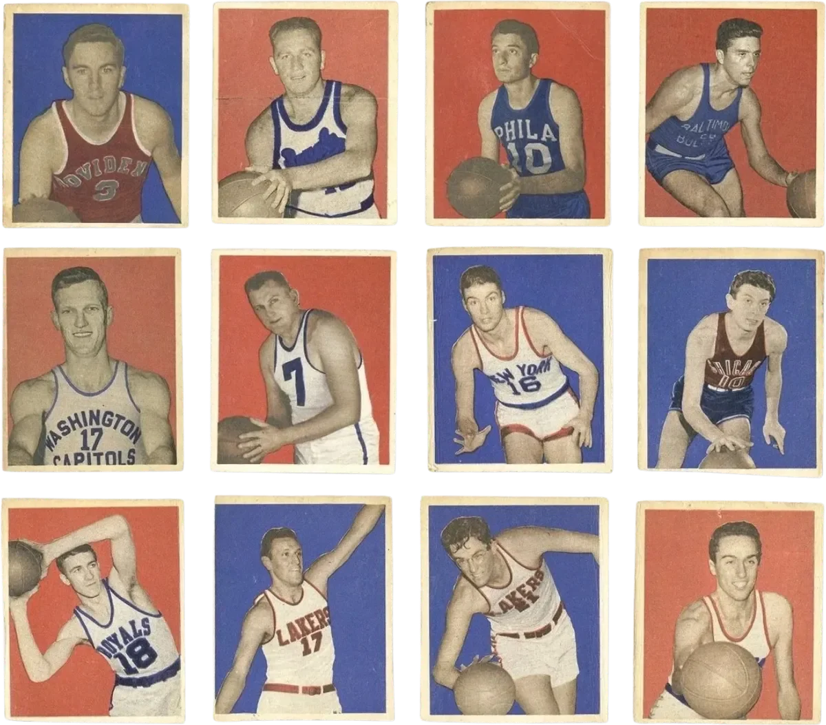 A collage of basketball player portraits, each holding or interacting with a basketball, in vintage style with colorful backgrounds.