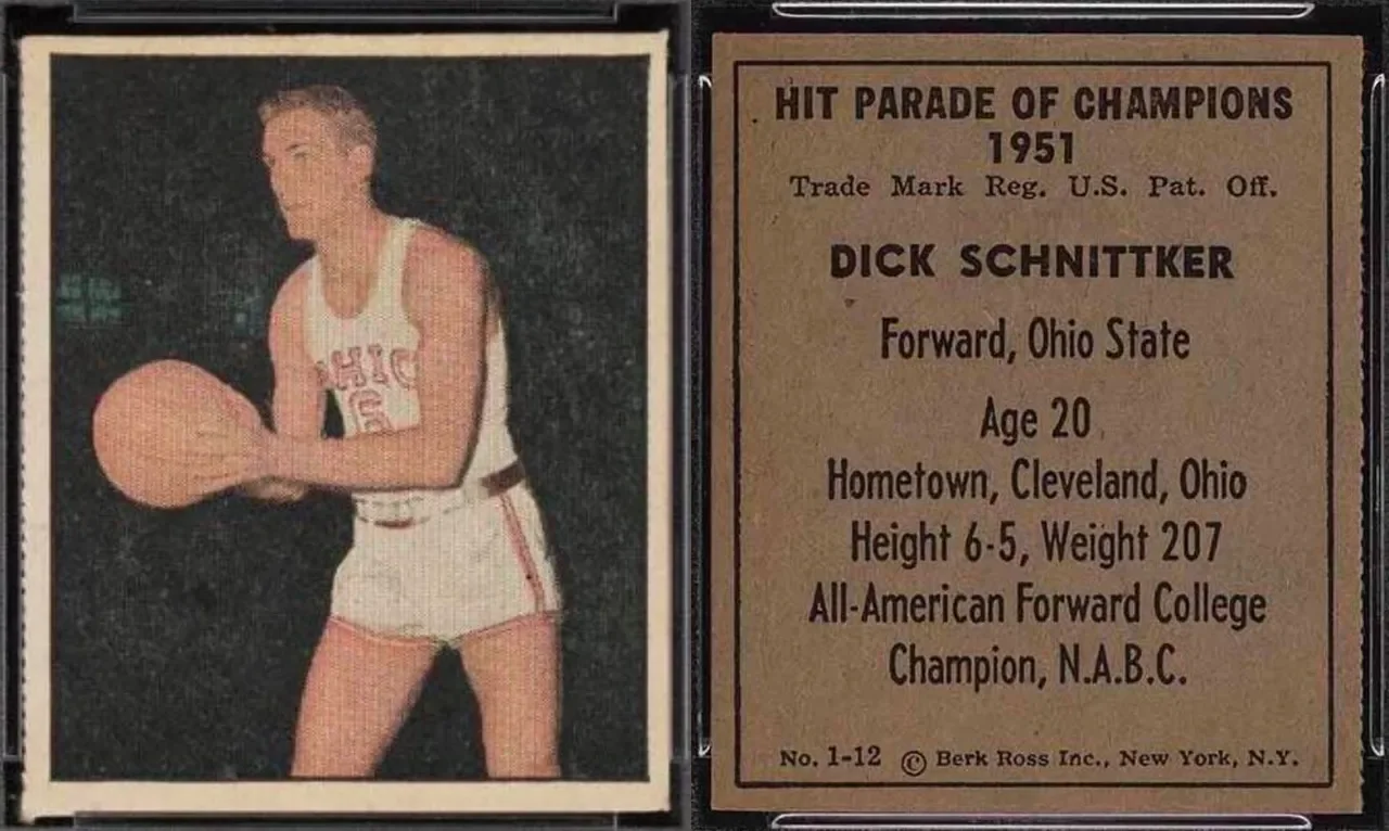 Vintage basketball card featuring Dick Schnittker in a white Ohio State basketball uniform holding a basketball, with a descriptive back noting his achievements and personal details.