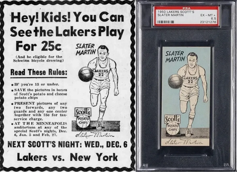 Black and white vintage newspaper ad with an illustration of Lakers basketball player Slater Martin dribbling a ball, promotional text about buying a ticket for 25 cents, and rules for participation. The ad is signed by Slater Martin and includes a small logo for Scott's Potato Chips. Next to the ad, there's a graded collectible card of Slater Martin from 1950 Lakers, encased in a protective plastic slab.