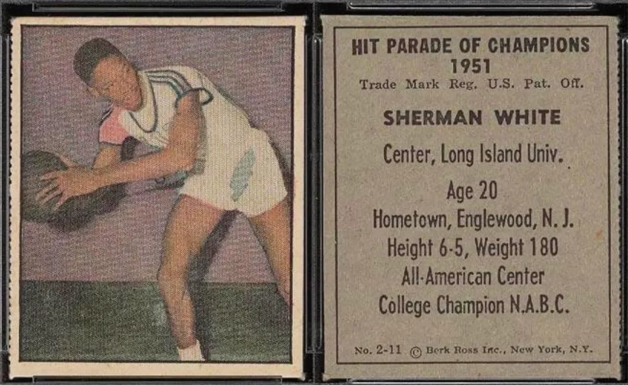 Vintage trading card of Sherman White, a college basketball player, in patriotic uniform, holding a basketball.