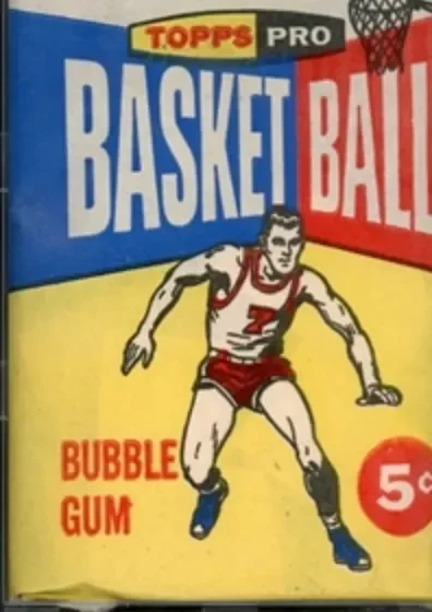 Vintage Topps Pro Basket Ball bubble gum packaging featuring a basketball player in uniform, with a basketball hoop in the background, and priced at 5 cents.