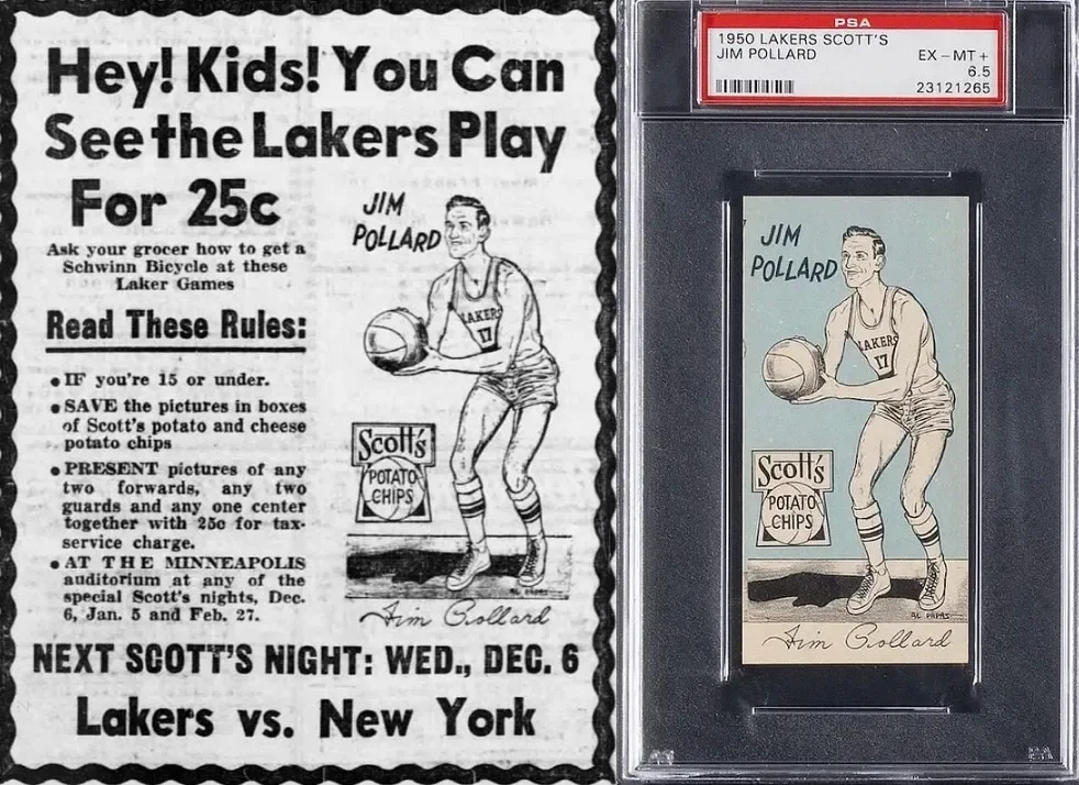 Vintage newspaper ad and collectible card featuring basketball player Jim Pollard for Lakers, 1950s. Ad promotes viewing Lakers games for 25 cents, with rules for children under 15. The card shows Pollard in a Lakers uniform with a basketball, labeled with his name, number 17, and a drawing of Scott's Potato Chips.