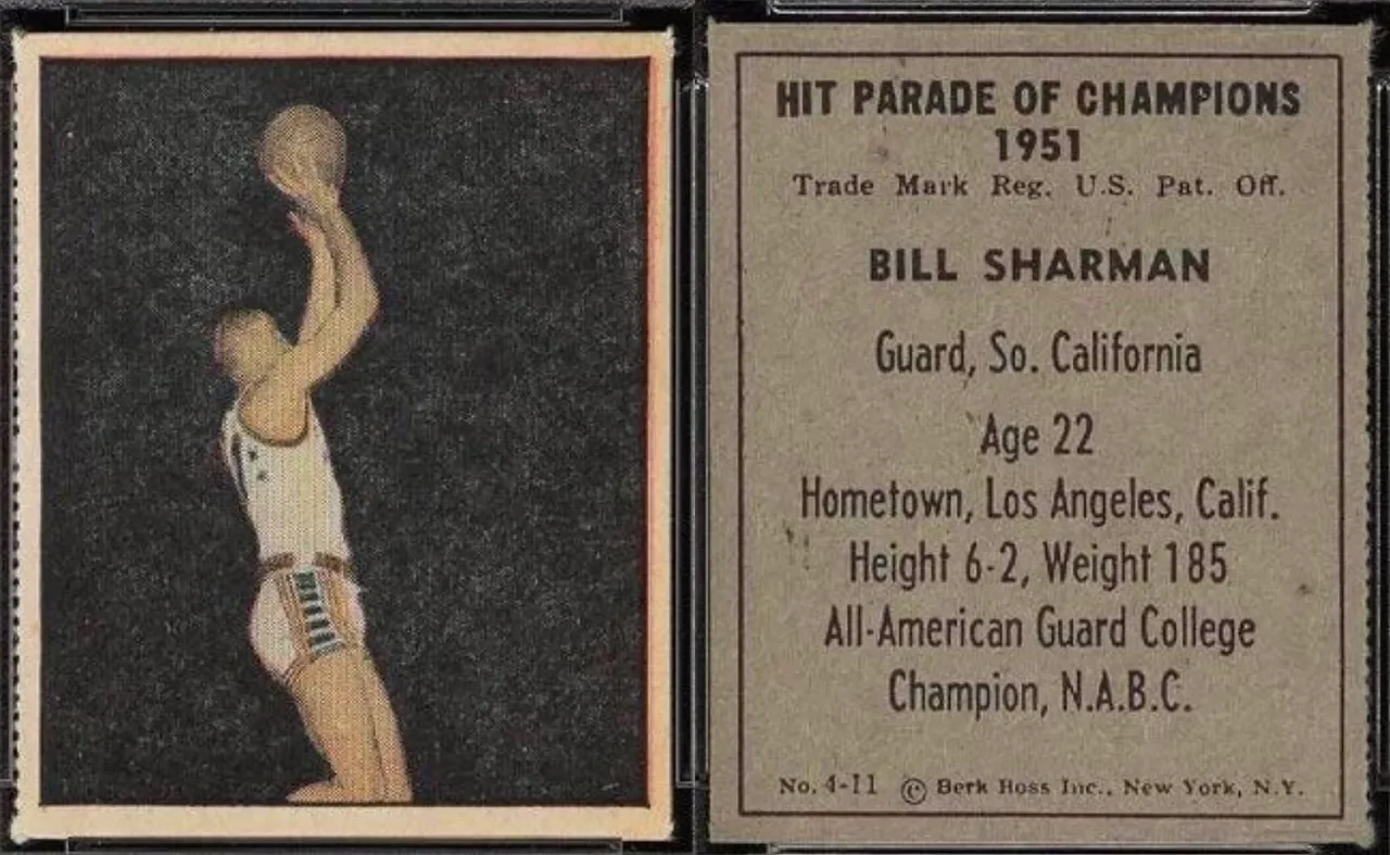 Vintage basketball trading card featuring a player shooting a basketball, and a descriptive text about Bill Sharman, a guard from Southern California, age 22, who played for the Hit Parade of Champions in 1951.