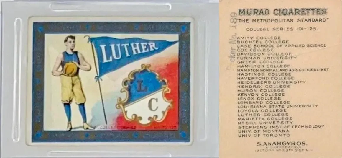 A vintage cigarette pack featuring a basketball player holding a ball and a blue flag with the word 'LUTHER', a decorative shield with the letter 'L' and 'C'. A list of colleges and universities on the right side of the pack.