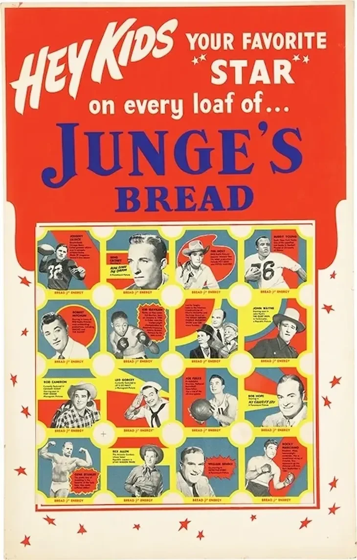 Vintage advertisement featuring children, with the text 'Hey Kids Your Favorite Star on Every Loaf of... Junge's Bread' and images of young boys, each paired with sports or action-themed captions.