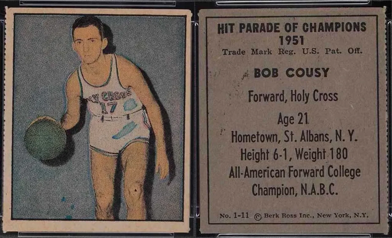 Vintage collectible trading card of Bob Cousy, a basketball player in a white jersey with the number 17, dribbling a basketball. The card includes his personal details and achievements, such as being a Forward for Holy Cross, age 21, from St. Albans, N.Y., height 6-1, weight 180, and an All-American Forward College Champion.