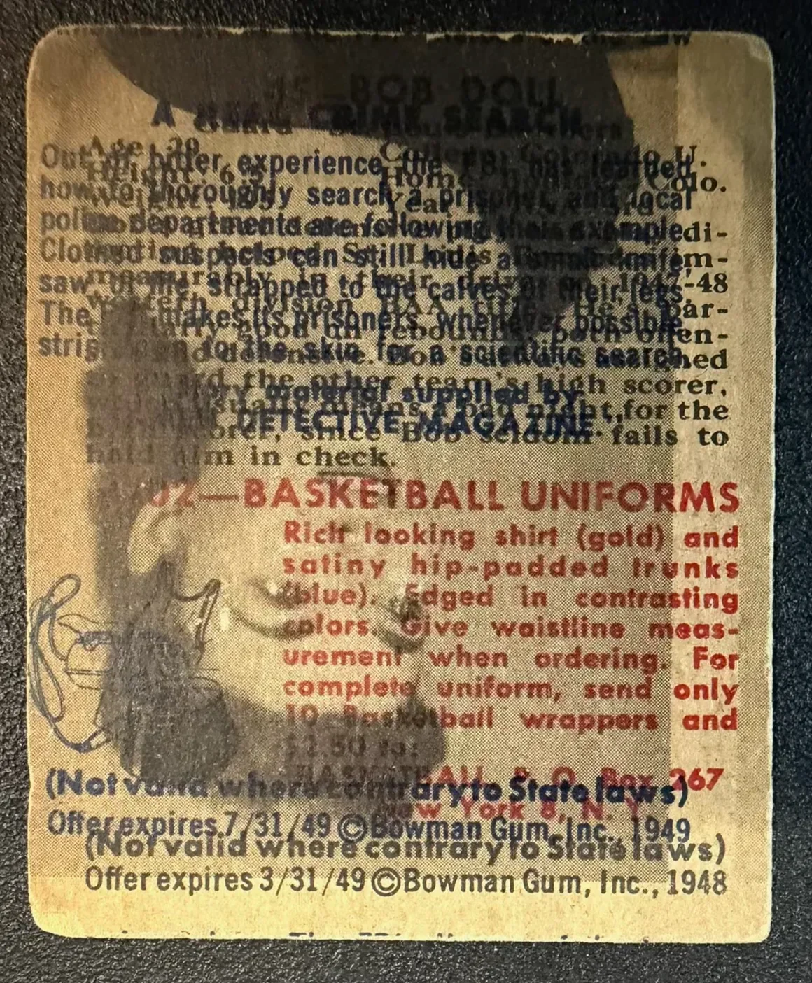 Vintage basketball uniform advertisement for rich-looking gold-colored shirts and shiny hip-padded trunks, with a hand-drawn sketch of a basketball player and detailed age and expiration information.