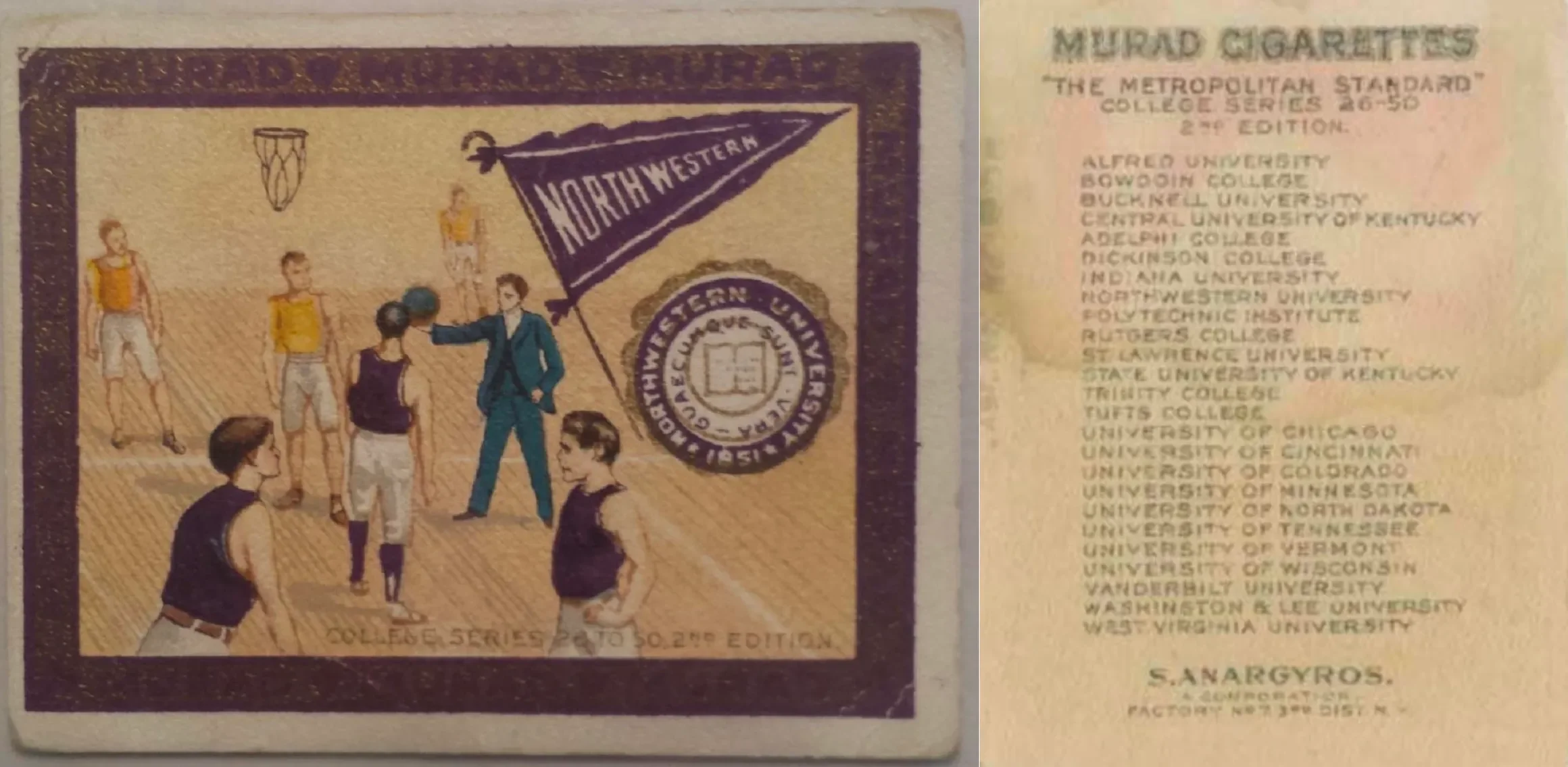 Vintage basketball card from the Northwestern College Series 30.2nd edition, depicting a basketball game with players on a court, featuring a Northwestern banner, and a list of college names on the side.