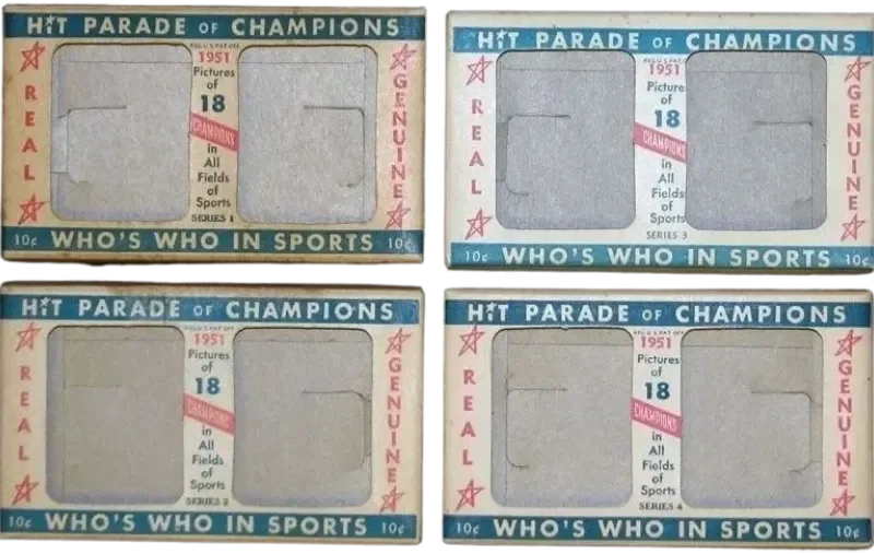 Four vintage sports trading card frame templates with empty center spaces, blue and green borders, decorated with red stars and text promoting a 1951 sports series.