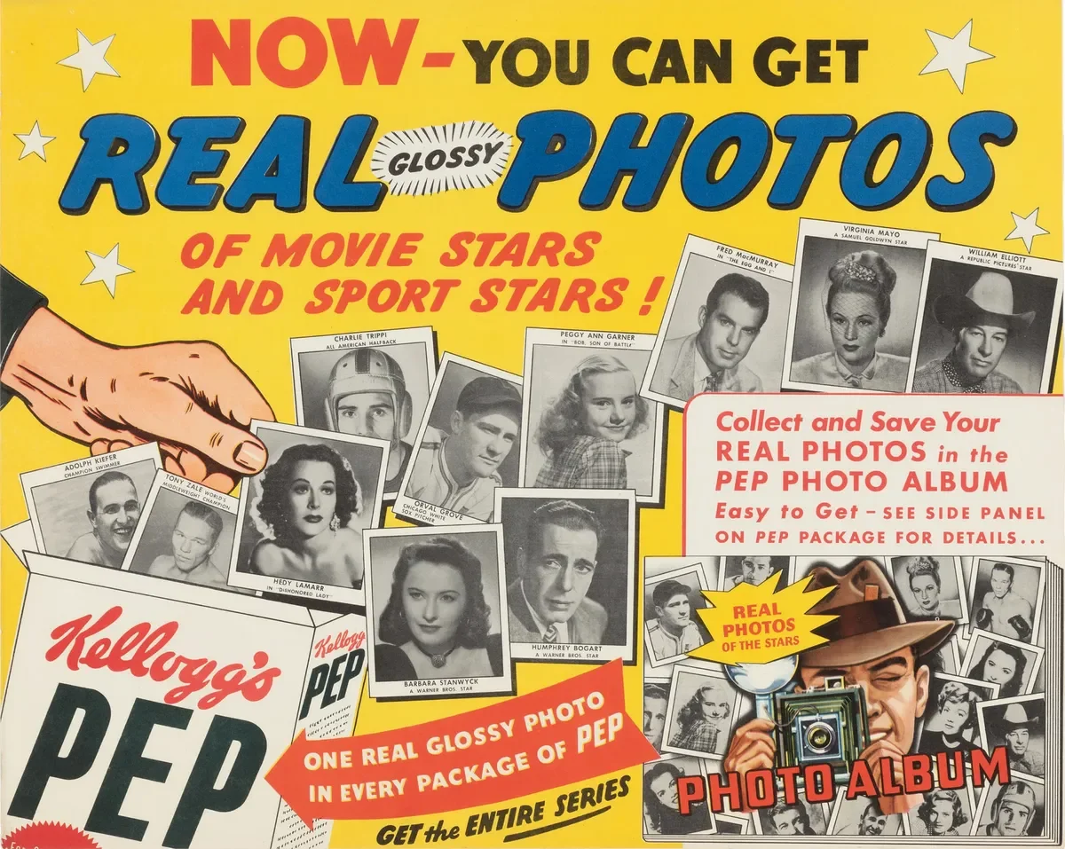 Colorful vintage advertisement promoting the collection of real glossy photos of movie and sports stars in a photo album, featuring black-and-white photos of various celebrities, a hand pointing towards the photos, and text highlighting the features of the photo collection