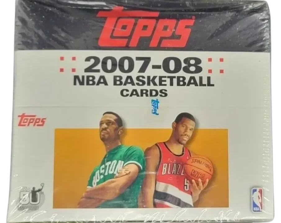 A sealed pack of Topps 2007-08 NBA basketball cards featuring two players on the front, one in a green jersey and the other in a red jersey holding a basketball.